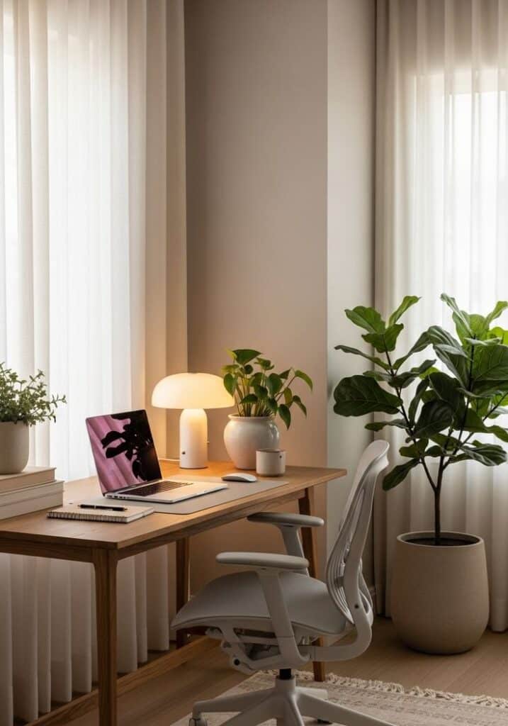 My Peaceful Work-From-Home Setup 1 Item Made It Work Modern home office with wooden desk, stylish chair, laptop, lamp, and potted plants by sheer-curtained windows. | Sky Rye Design Modern home office with wooden desk, stylish chair, laptop, lamp, and potted plants by sheer-curtained windows.