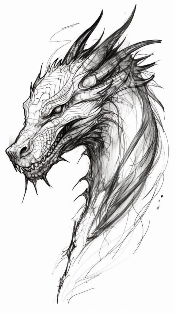 Intricate black and white dragon sketch, showcasing detailed scales and fierce expression.