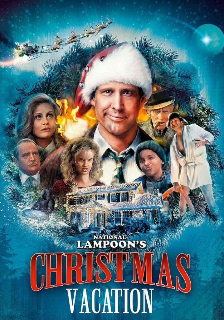 National Lampoon's Christmas Vacation movie poster with festive theme and characters gathered around a snowy house.