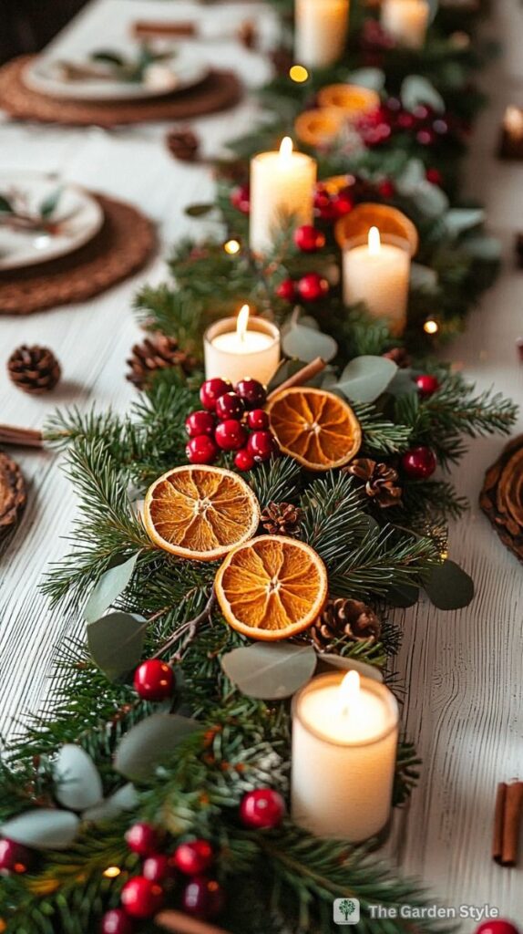 Festive table decor with candles, pine branches, dried oranges, and berries on a white table setting.