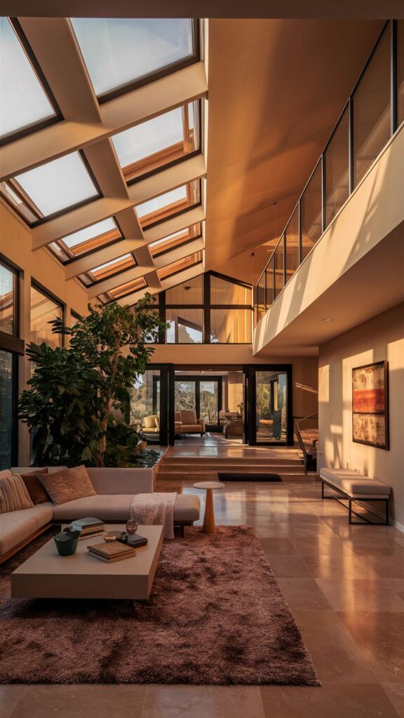 Modern living room with large windows, skylights, and cozy seating. Warm lighting enhances spacious interior design.