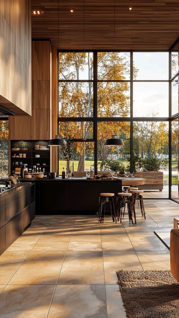 Modern kitchen with large windows, wooden accents, and autumn view, featuring sleek black cabinets and bar stools.