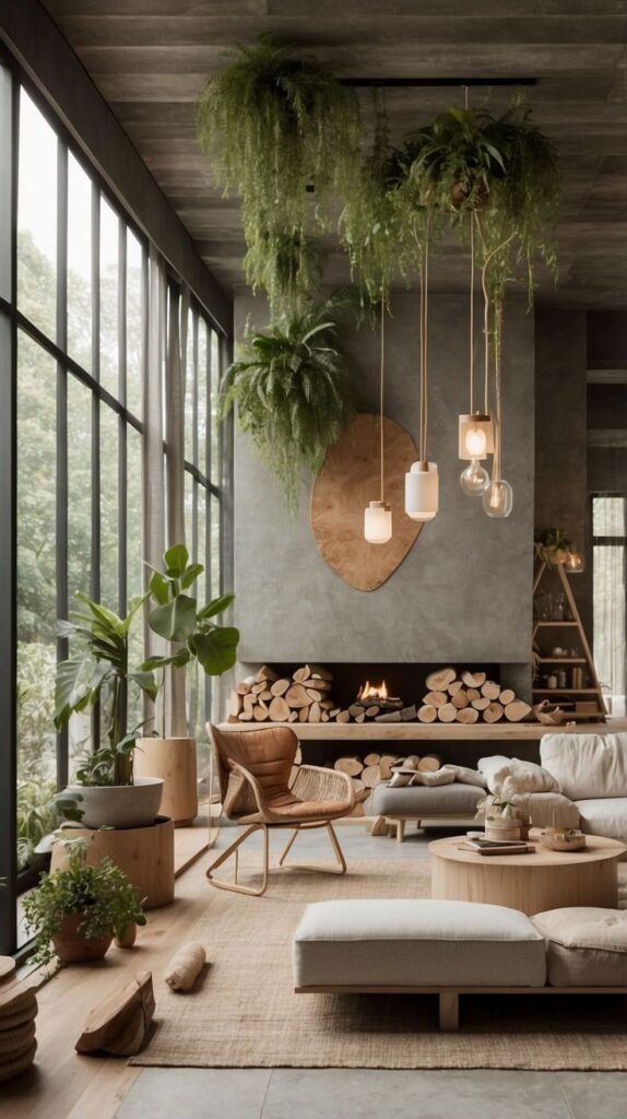Modern living room with plants, cozy seating, fireplace, and large windows. Earthy tones create a warm, natural ambiance.