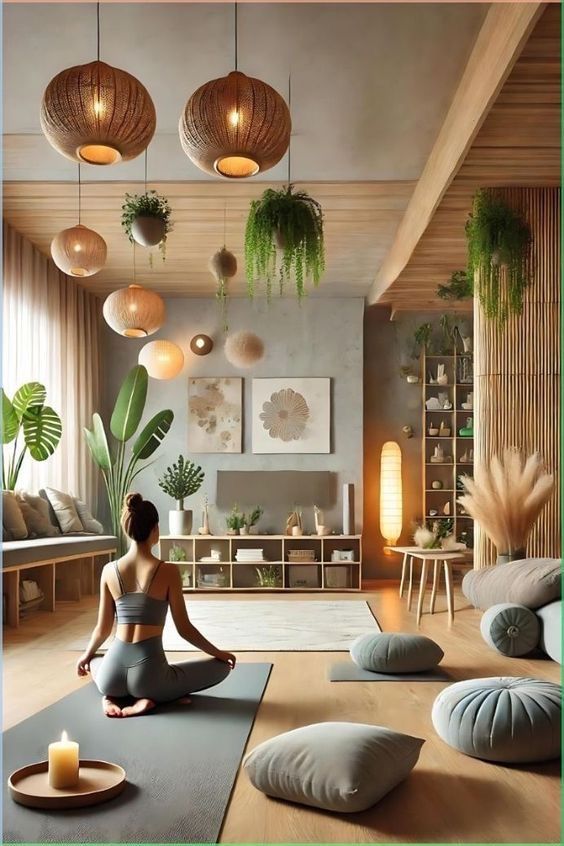Woman meditating in a serene yoga studio with plants, cozy lighting, and cushions for relaxation.