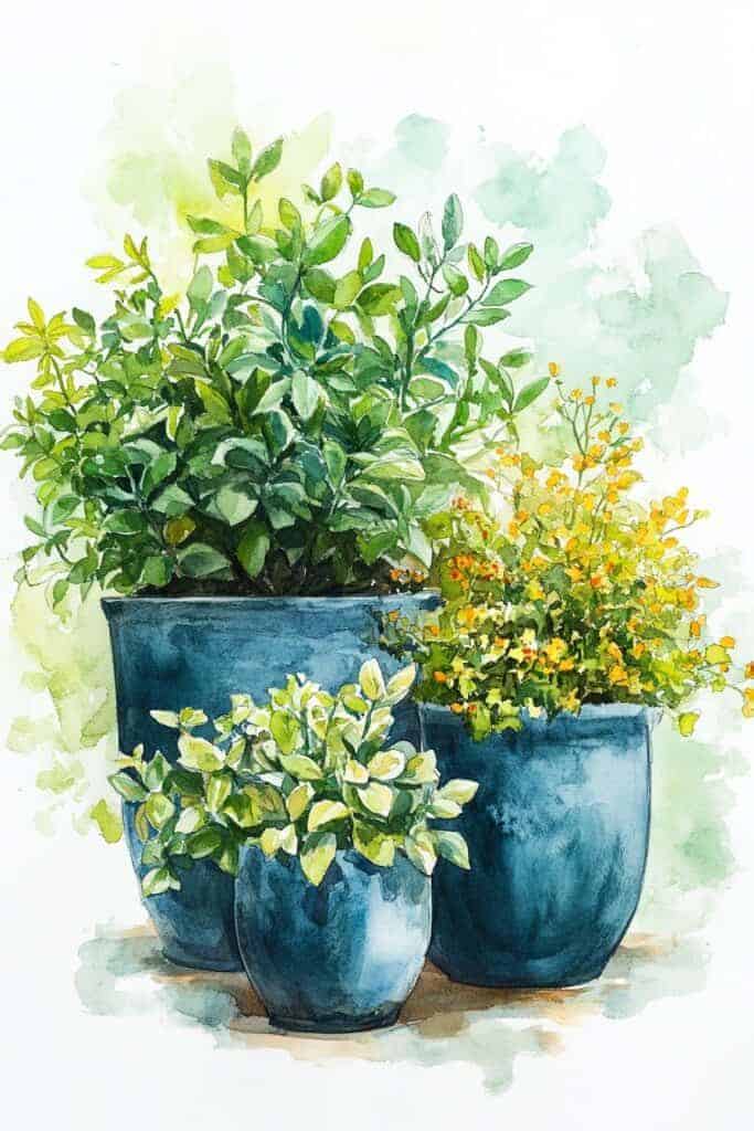 Illustration of three potted plants with green and yellow leaves in blue pots, watercolor painting style.