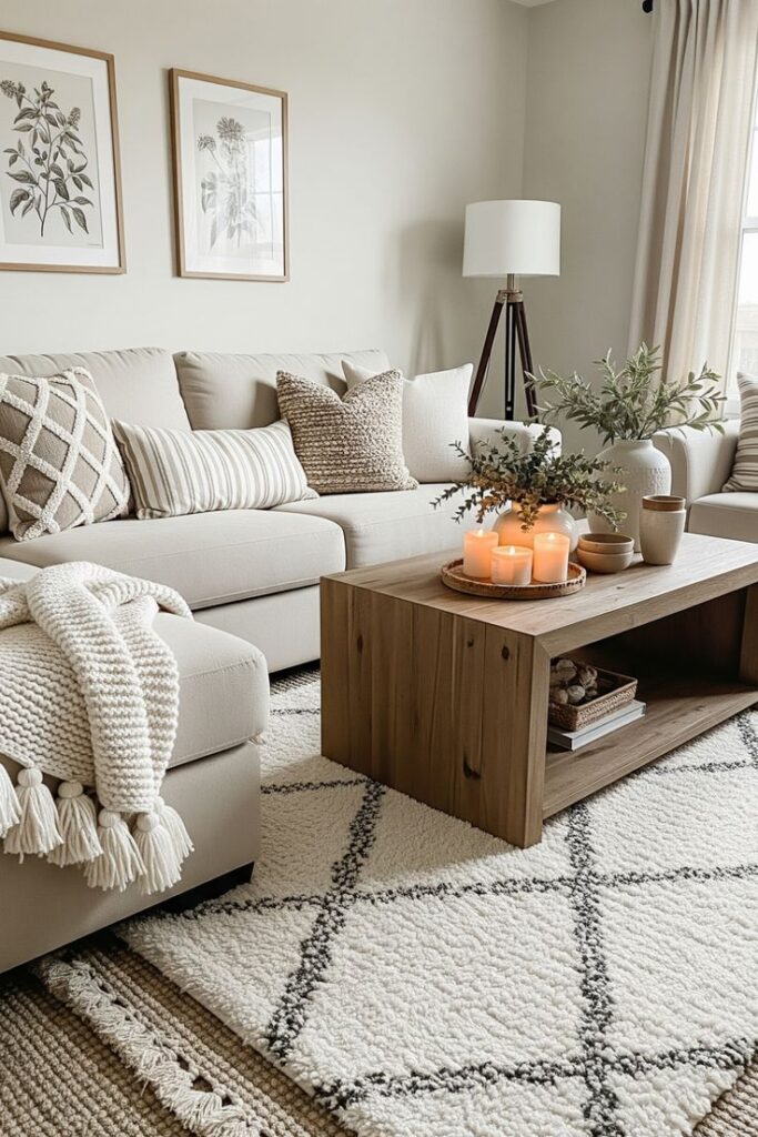 Neutral Living Room Ideas for a Cozy Modern Home Cozy living room with beige sofa, wooden coffee table, candles, and decorative pillows. Neutral tones and minimalist decor. | Sky Rye Design Cozy living room with beige sofa, wooden coffee table, candles, and decorative pillows. Neutral tones and minimalist decor.