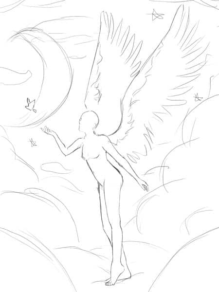 Sketch of an angelic figure with wings reaching for a bird amidst clouds and stars, evoking a sense of serenity.