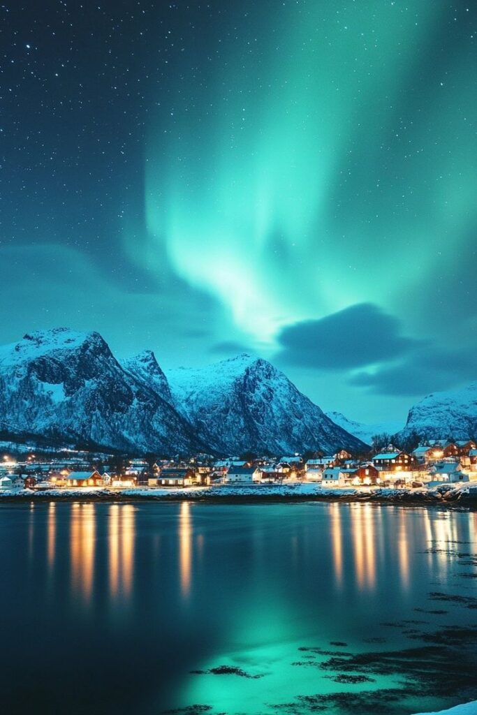 Northern Lights in Norway Northern Lights over snowy village with mountains and reflections in Norway, under a starry sky. | Sky Rye Design Northern Lights over snowy village with mountains and reflections in Norway, under a starry sky.