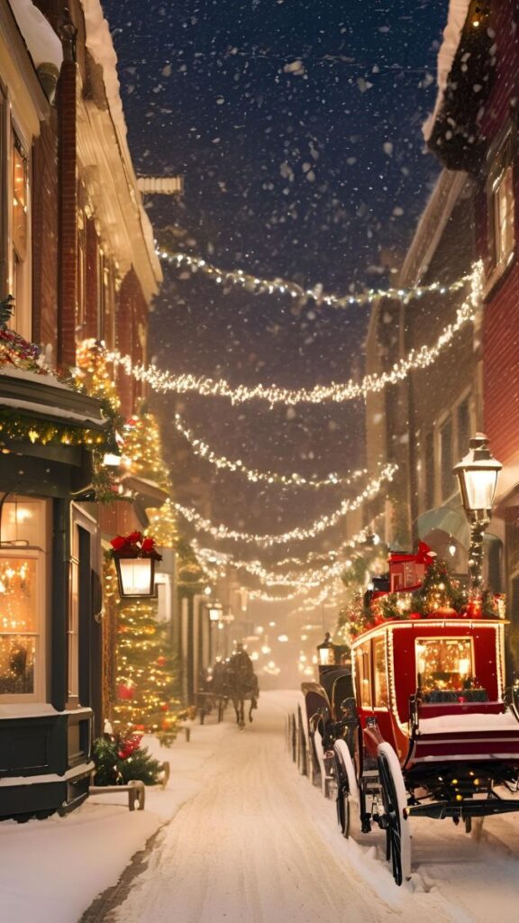 Snowy street with festive lights, horse-drawn carriages, and decorated storefronts at night. Holiday cheer in winter.