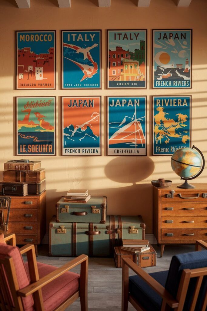 Vintage travel posters on a wall above vintage suitcases and a globe in a cozy room.