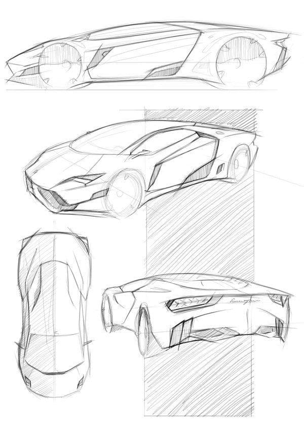 Concept sketch of a sleek sports car design from multiple angles, showcasing futuristic styling and aerodynamics.
