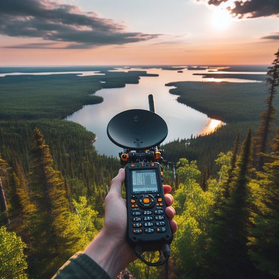 Hand holding a GPS device overlooking a serene forest and lake during sunset.