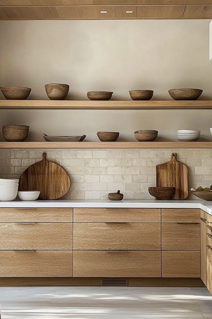 Modern kitchen with wooden shelves displaying rustic bowls and cutting boards, featuring a minimalist design.