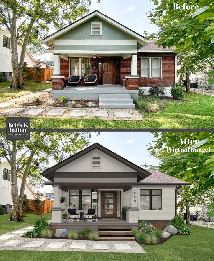House renovation before and after, showing porch transformation by brick&batten virtual exterior design.