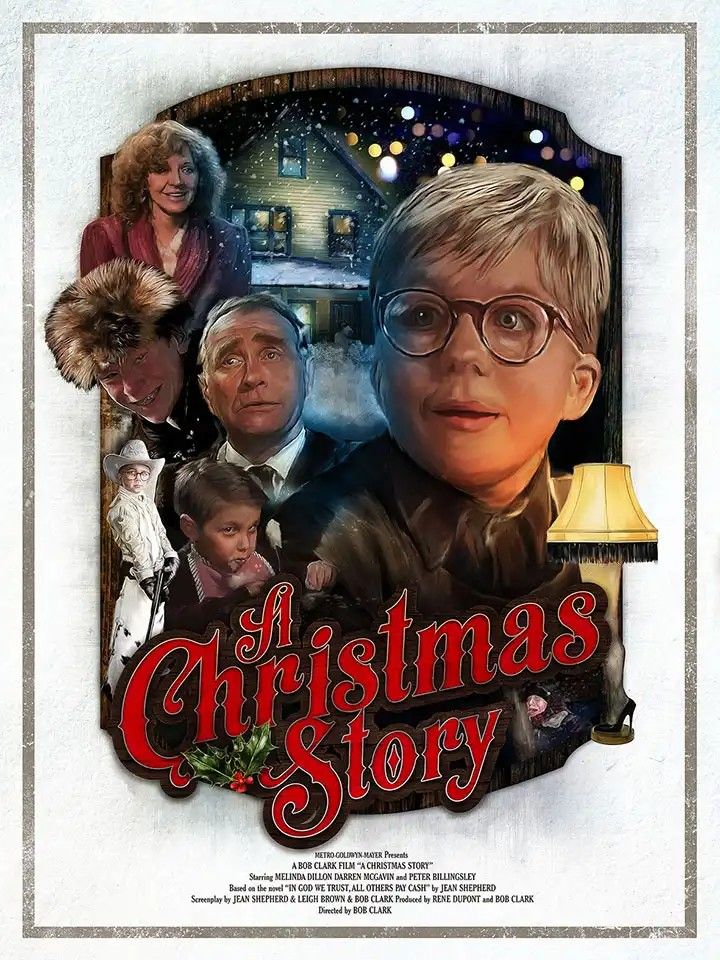 Vintage A Christmas Story movie poster with characters and festive elements.