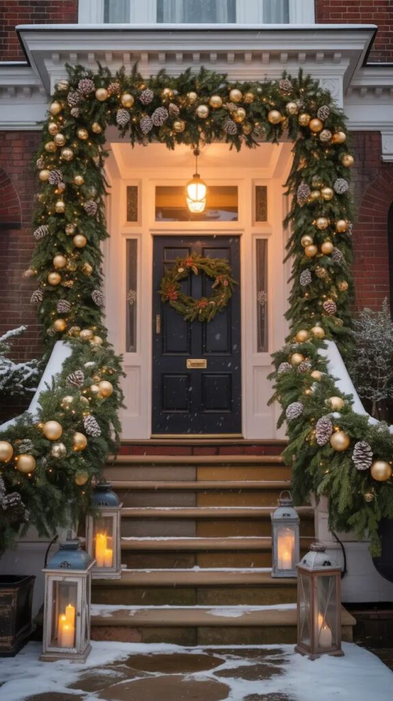 Outdoor Christmas Decorations Ideas 2025 _ Cozy Porch Lights Festive holiday doorway with garland, pine cones, and gold ornaments under lantern glow in snowy evening. | Sky Rye Design Festive holiday doorway with garland, pine cones, and gold ornaments under lantern glow in snowy evening.