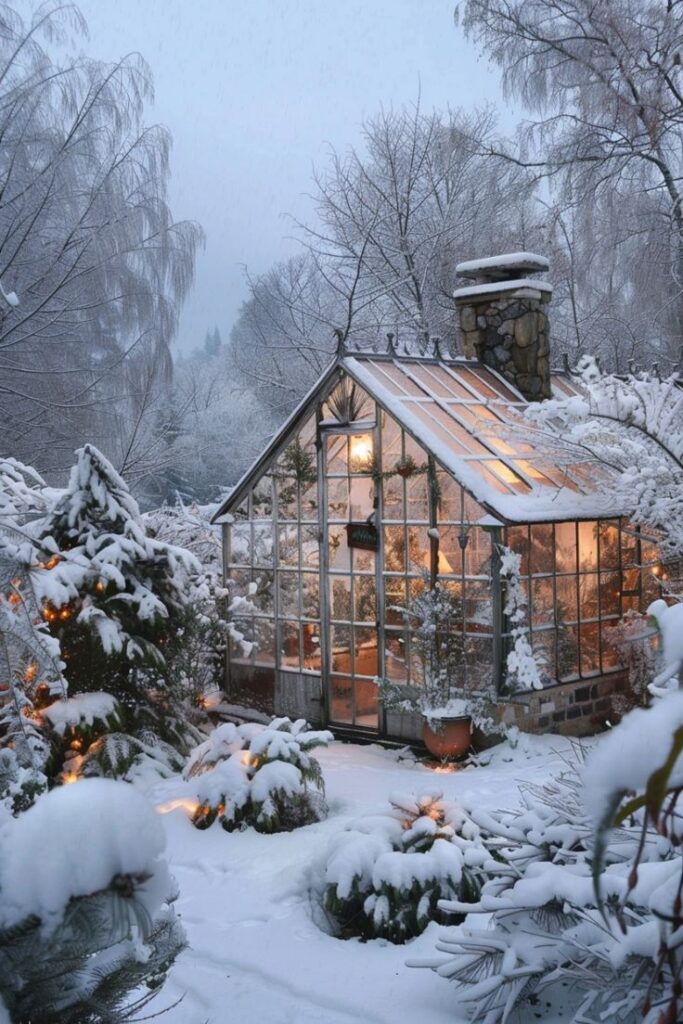 Cozy greenhouse lit warmly, surrounded by snow-covered trees and twinkling lights in a winter wonderland setting.