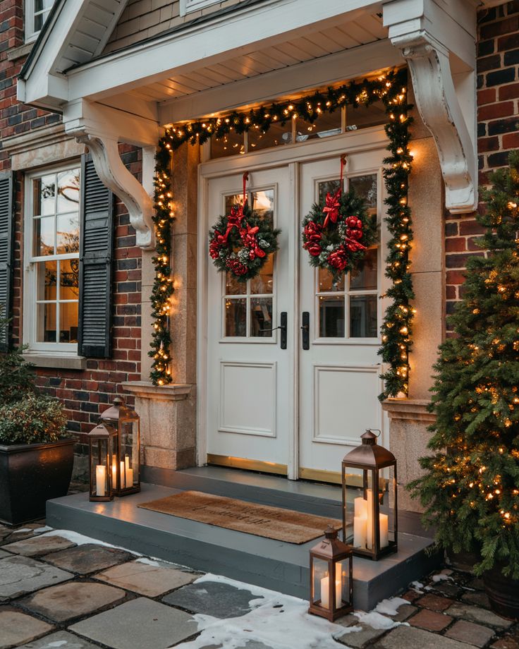 Outdoor Seasonal Glow Festive home entrance with wreaths, garland lights, and candle lanterns, creating a warm holiday ambiance. | Sky Rye Design Festive home entrance with wreaths, garland lights, and candle lanterns, creating a warm holiday ambiance.