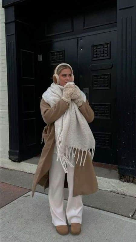 Woman in winter attire with tan coat, scarf, and earmuffs, standing near a black door on a city street.