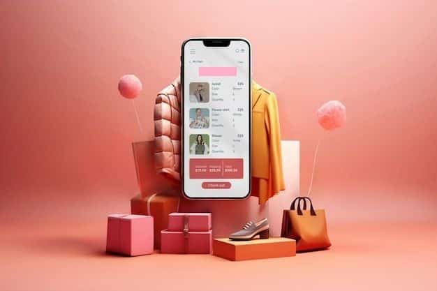 Mobile shopping app interface with clothing items, shoes, and shopping bags in a stylish pink background setting.