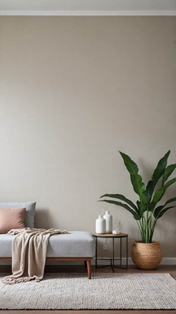 Painting Solutions 1 Minimalist living room with a gray sofa, cozy blankets, a large potted plant, and decorative vases on a small table. | Sky Rye Design Minimalist living room with a gray sofa, cozy blankets, a large potted plant, and decorative vases on a small table.