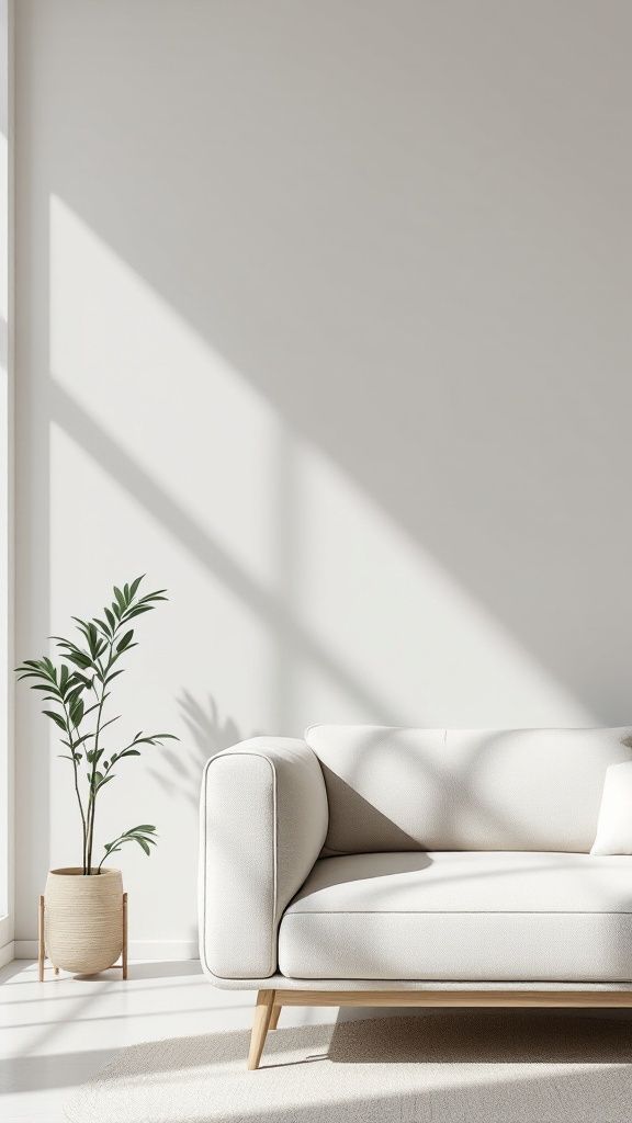 Painting Solutions 2 Minimalist living room with white sofa, potted plant, and sunlight casting shadows on a plain wall. | Sky Rye Design Minimalist living room with white sofa, potted plant, and sunlight casting shadows on a plain wall.