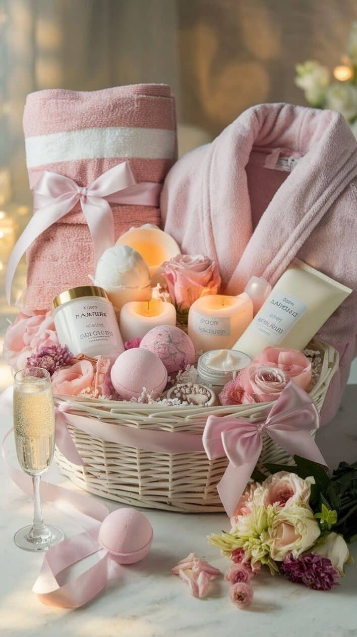 Spa gift basket with pink towels, bathrobe, candles, bath bombs, and flowers, perfect for a relaxing pamper session.