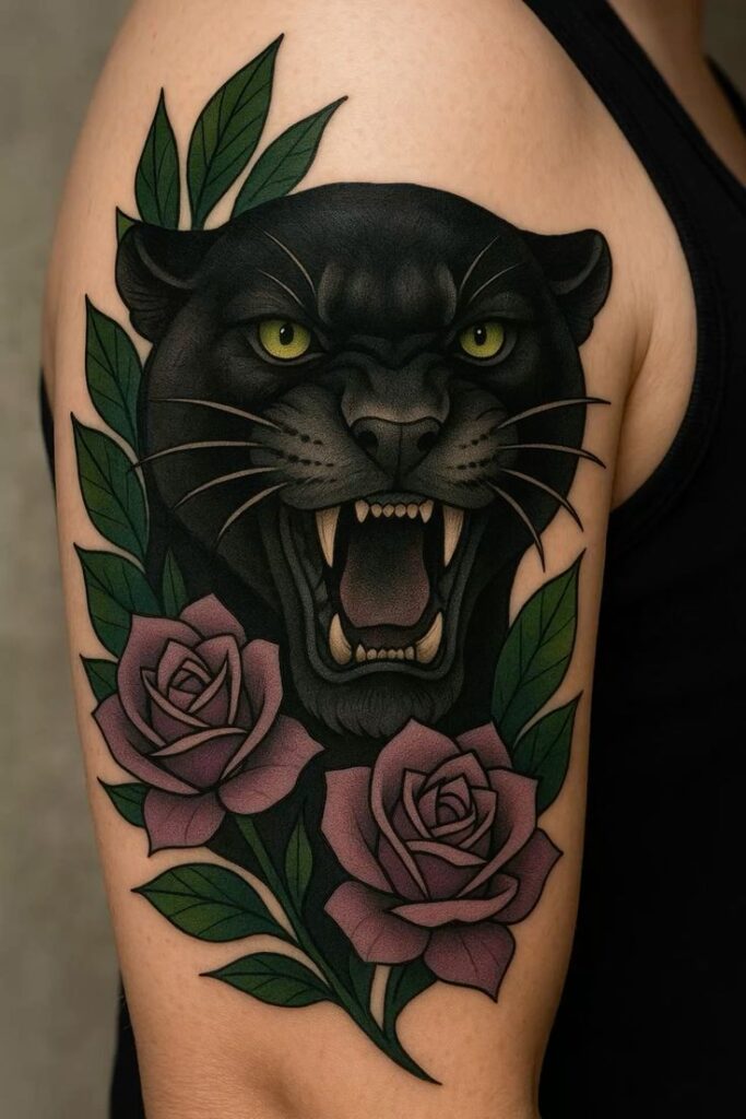 Panther tattoo design with roses on upper arm combines fierce and floral elements.