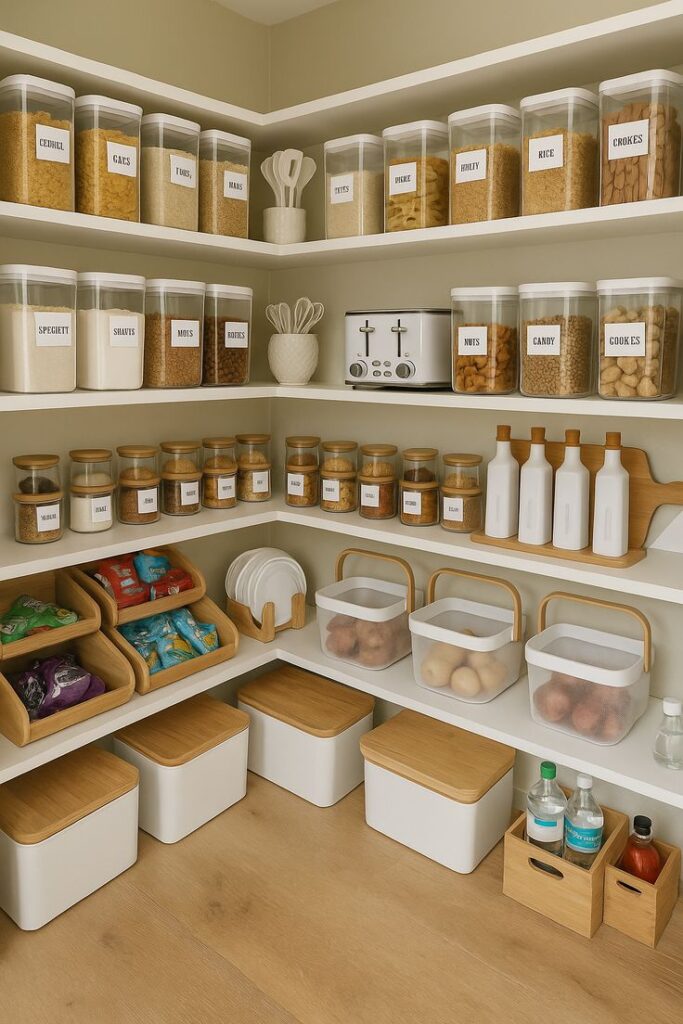 Pantry Perfection_ Smart and Stylish Storage Ideas That Work for Real Life Organized pantry with labeled containers and bins for dry goods, snacks, and household items on shelves and counters. | Sky Rye Design Organized pantry with labeled containers and bins for dry goods, snacks, and household items on shelves and counters.