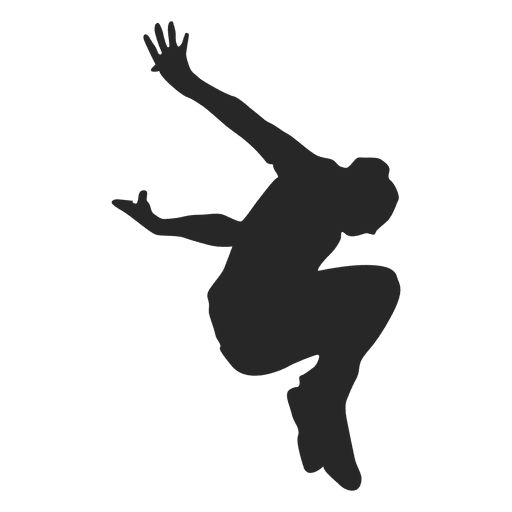 Silhouette of a person jumping energetically in a dynamic pose against a white background.