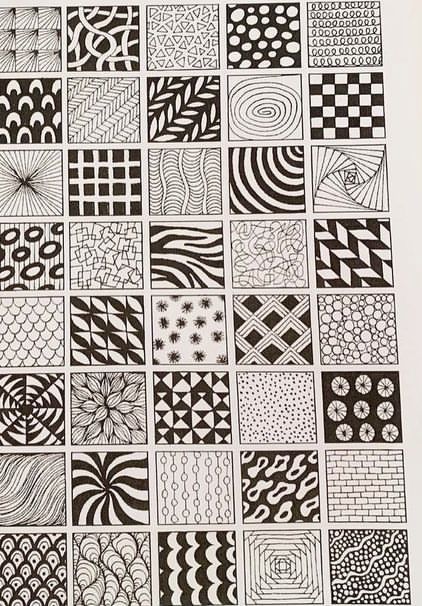 Collection of 40 black and white abstract patterns in a grid, featuring geometric and organic designs.