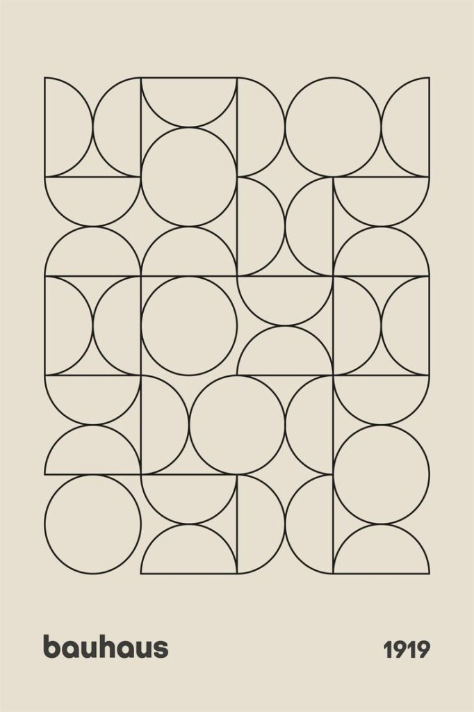 Geometric Bauhaus pattern with circles and lines on a beige background, featuring text bauhaus 1919.