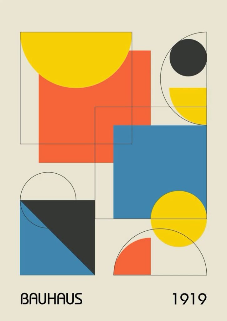 Abstract Bauhaus design with geometric shapes in primary colors, showcasing modernist art style, text Bauhaus 1919.