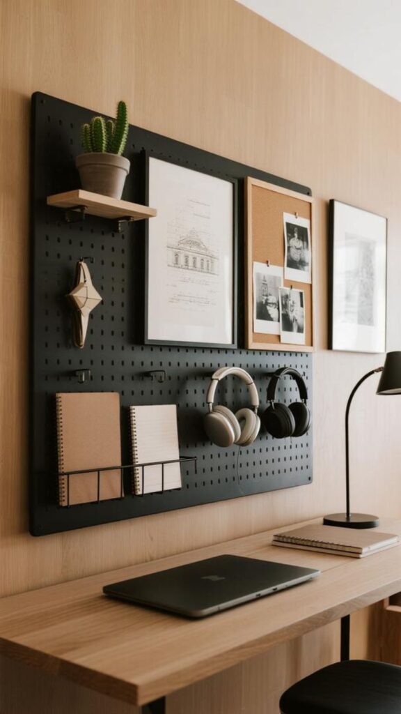 Modern workspace with pegboard, laptop, lamp, and decor against a wooden wall. Cozy and organized home office setup.