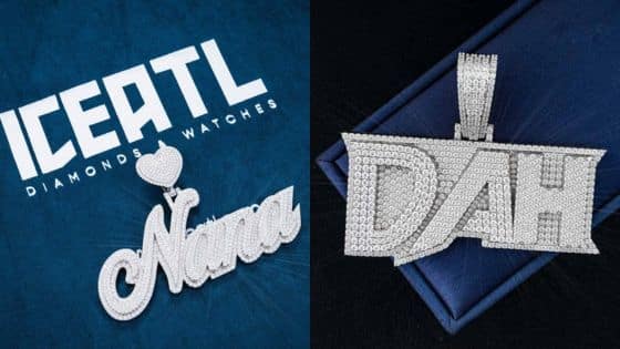 Pendant Design Ideas Thatll Make Stop and Stare Silver diamond pendants spelling Nana and DAH on blue backgrounds by IceATL Diamonds and Watches. | Sky Rye Design Silver diamond pendants spelling Nana and DAH on blue backgrounds by IceATL Diamonds and Watches.