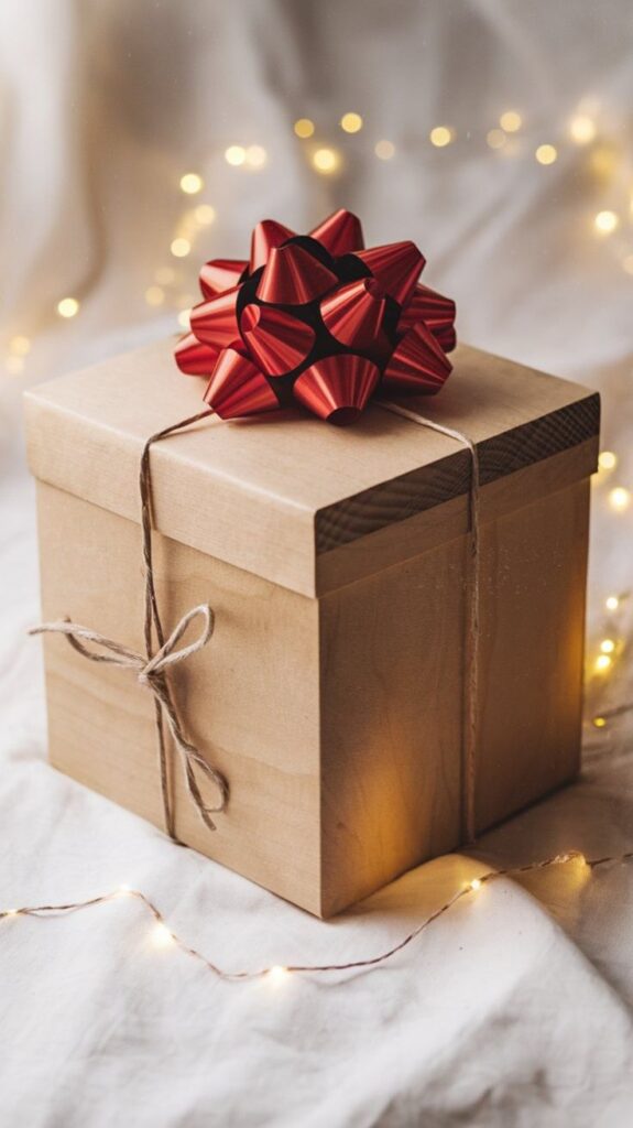 Gift box with red bow and twine on fabric background with warm fairy lights.