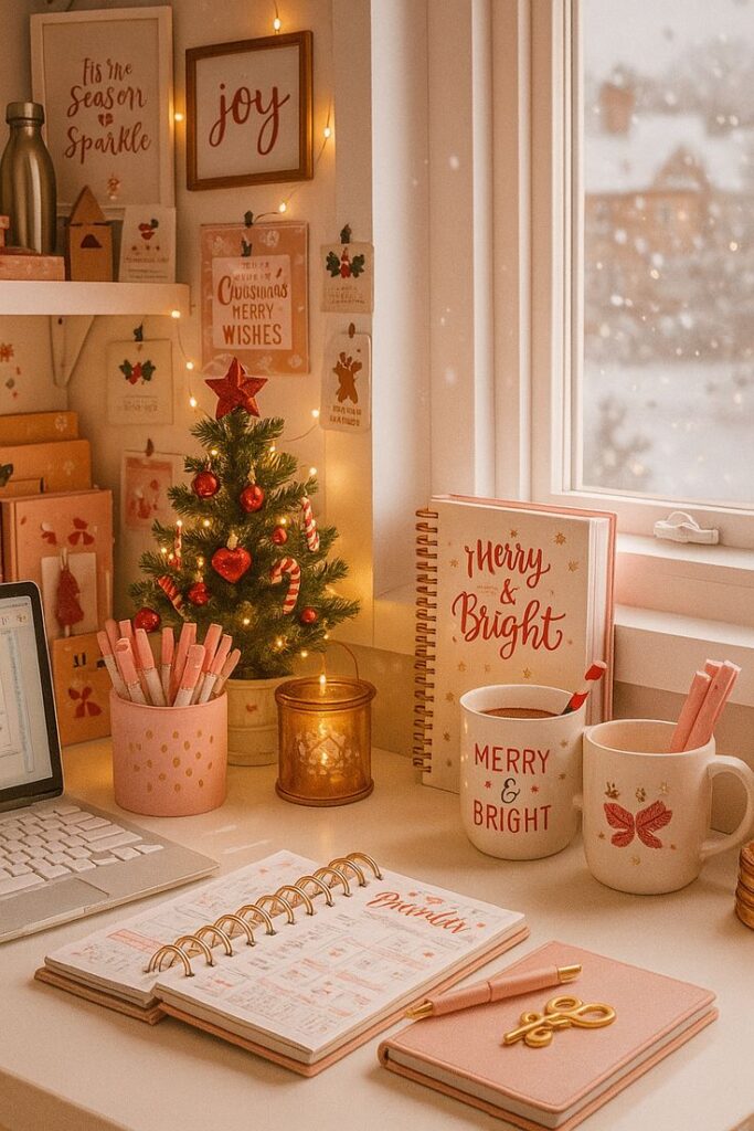 Perfect little Christmas work corner Cozy Christmas desk with decorations, planner, candles, and mugs by a snowy window. | Sky Rye Design Cozy Christmas desk with decorations, planner, candles, and mugs by a snowy window.