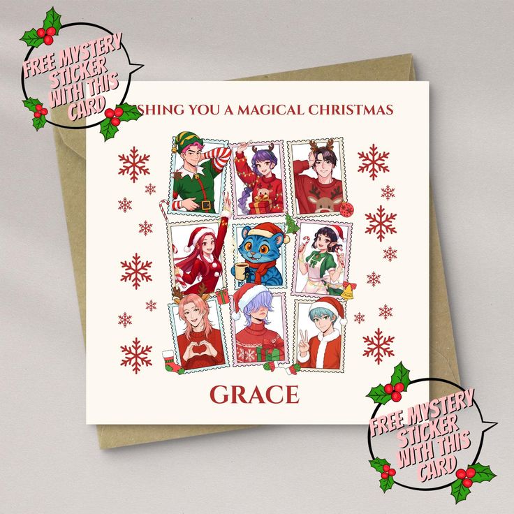 Festive Christmas card featuring illustrated characters in holiday attire, personalized with the name Grace.