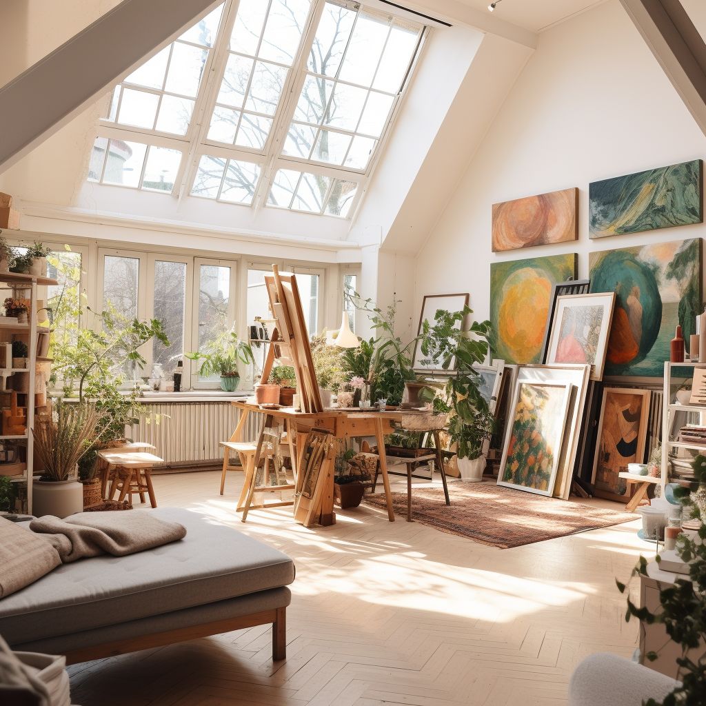 Bright artist studio filled with sunlight, plants, and colorful canvases, creating a peaceful and creative atmosphere.