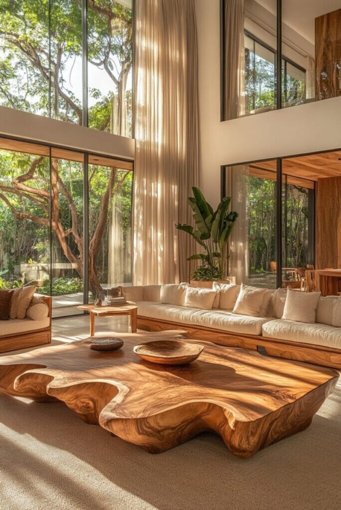 Spacious modern living room with large windows, natural light, and a unique wooden coffee table centerpiece.