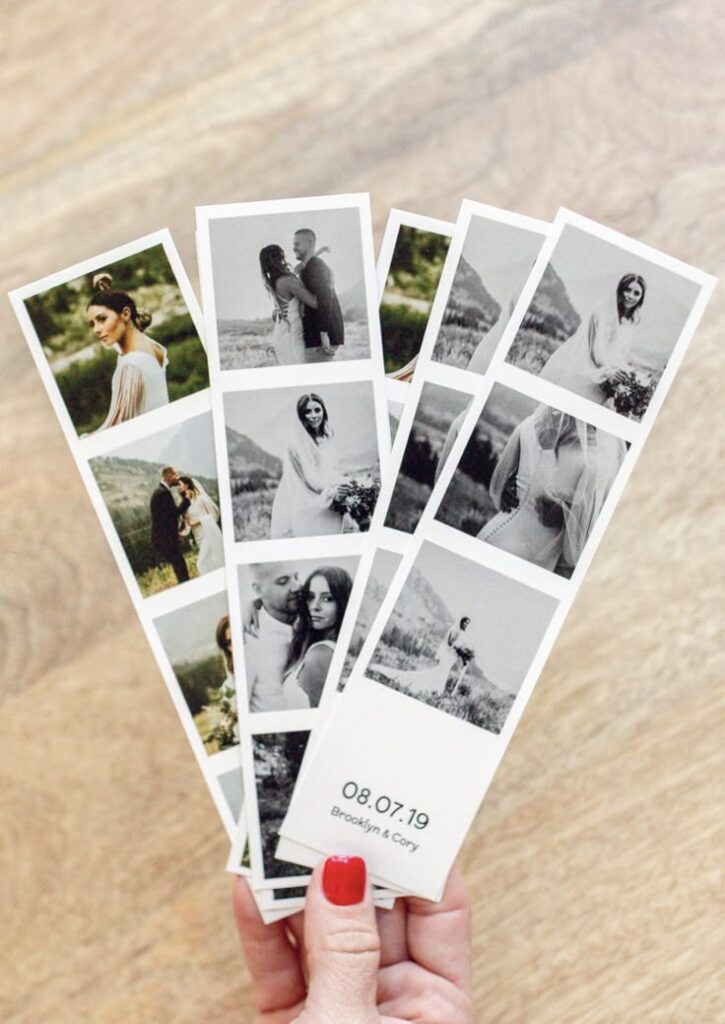 Photo Strip Prints Black and white wedding photo strips with couple embracing, date 08.07.19. | Sky Rye Design Black and white wedding photo strips with couple embracing, date 08.07.19.