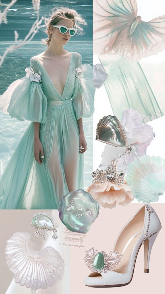 Piscean Dream_ Whimsical Pastel Fashion Inspo Elegant woman in a flowing pastel dress by the sea with accessories and seashells for a fashionable beach look. | Sky Rye Design Elegant woman in a flowing pastel dress by the sea with accessories and seashells for a fashionable beach look.