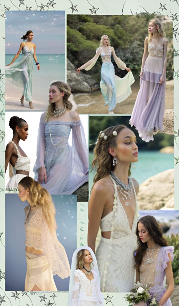 Pisces Aesthetic Models in ethereal, pastel-themed dresses in a beach setting, showcasing bohemian, lace, and floral designs. | Sky Rye Design Models in ethereal, pastel-themed dresses in a beach setting, showcasing bohemian, lace, and floral designs.