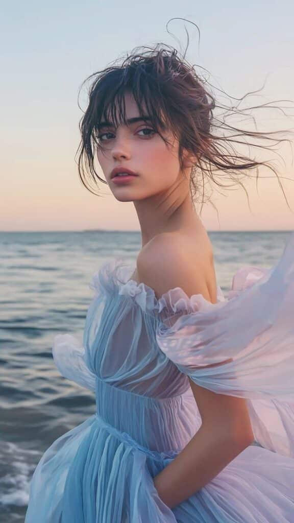 Pisces Vibes Dreamy Soft Ocean-Inspired Aesthetic Woman in a flowing blue dress gazes at the ocean during sunset, capturing serene beauty and tranquility. | Sky Rye Design Woman in a flowing blue dress gazes at the ocean during sunset, capturing serene beauty and tranquility.