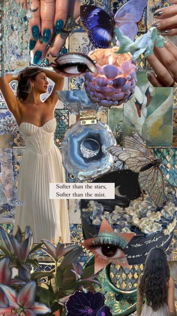 Pisces sun moon rising and venus blue aesthetic Whimsical collage featuring butterflies, candles, hands with nail art, and a woman in a white dress for serene aesthetic. | Sky Rye Design Whimsical collage featuring butterflies, candles, hands with nail art, and a woman in a white dress for serene aesthetic. Pisces aesthetic