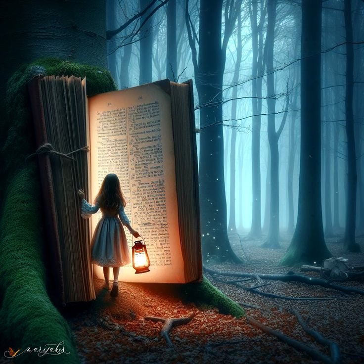 Pohádka Girl holding lantern enters magical book portal in misty forest. | Sky Rye Design Girl holding lantern enters magical book portal in misty forest.