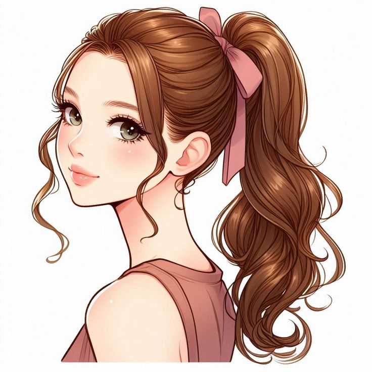 Anime-style girl with brown hair, wearing a ponytail and pink bow, gazing over shoulder, on white background.