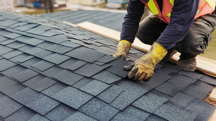 Roofer installing asphalt shingles on a roof with protective gloves and safety vest, ensuring durable roof installation.
