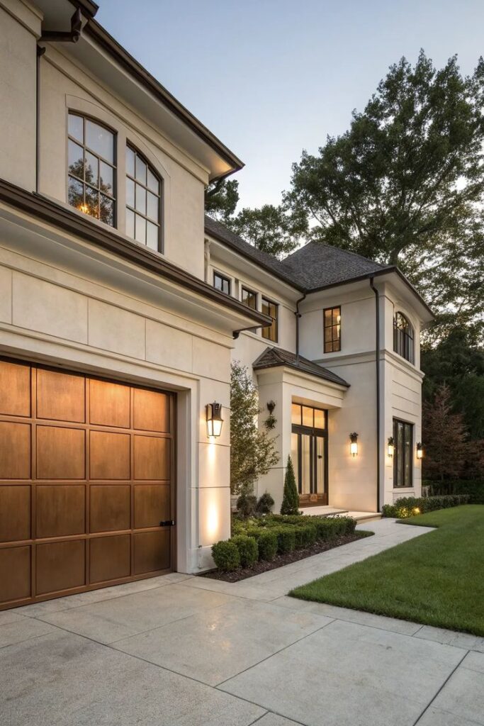 Elegant modern house exterior with large windows, manicured lawn, and illuminated pathway during twilight.