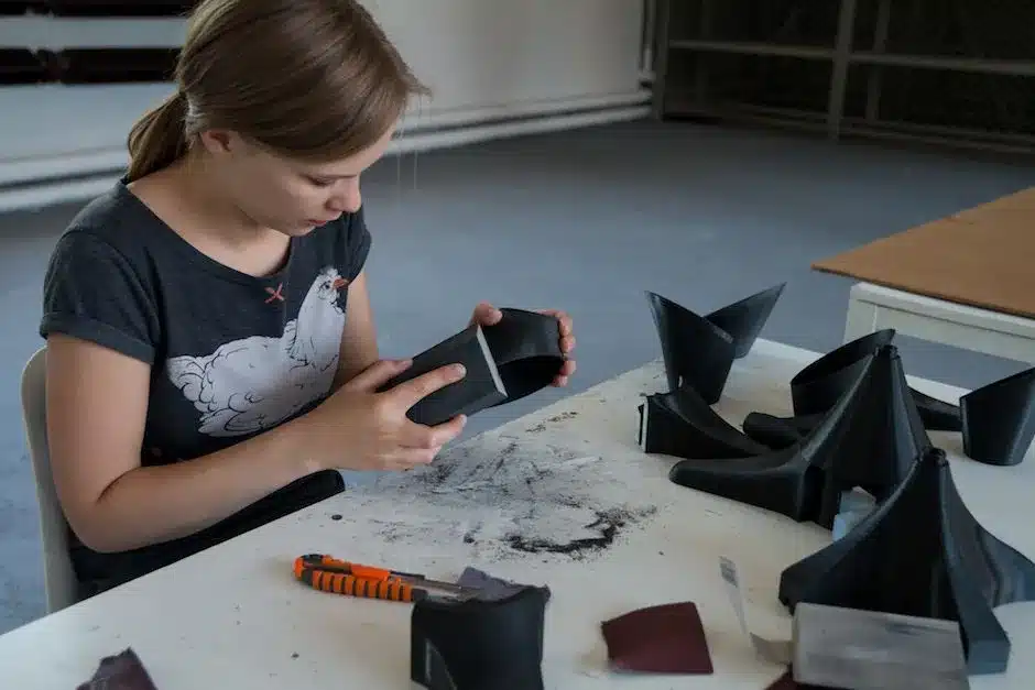 Post-processing Young woman crafting with black material at a table, surrounded by tools and sculpted objects in a workshop setting. | Sky Rye Design Young woman crafting with black material at a table, surrounded by tools and sculpted objects in a workshop setting.